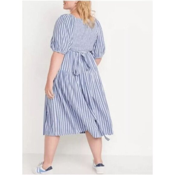 Old Navy Womens Wrap Midi Dress Puff Sleeve Smocked Stripes Blue White Size XL - Picture 2 of 14